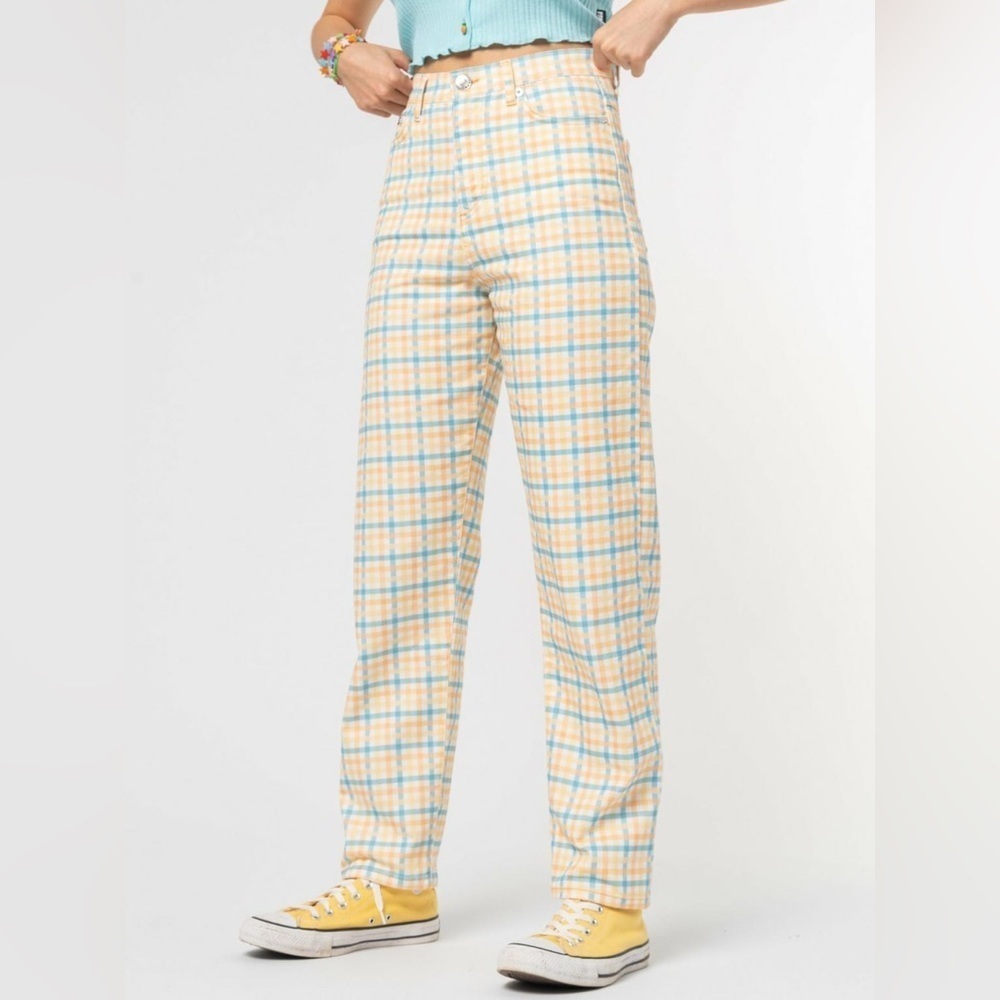 Minga London Yellow Joy Check Plaid Denim Mom Jeans Size 6